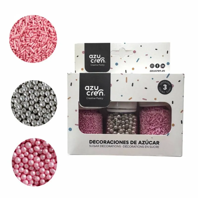 Set/3 Dekorationer i Socker – Strössel, Pärlor & Mini Pärlor - Rosa/Silver