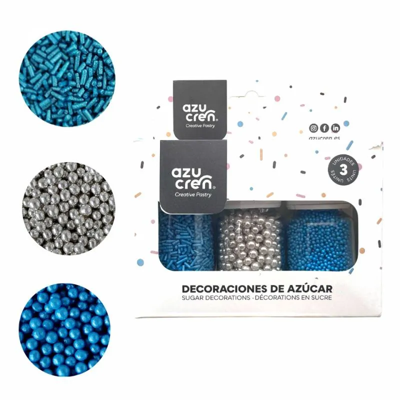 Set/3 Dekorationer i socker – Strössel, Pärlor & Mini Pärlor - Blå/Silver
