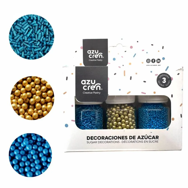 Set/3 Dekorationer i socker – Strössel, Pärlor & Mini Pärlor - Blå/Guld