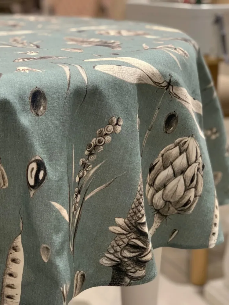 Stain-Resistant Polyester Round Tablecloth - Seeds Aqua 75in