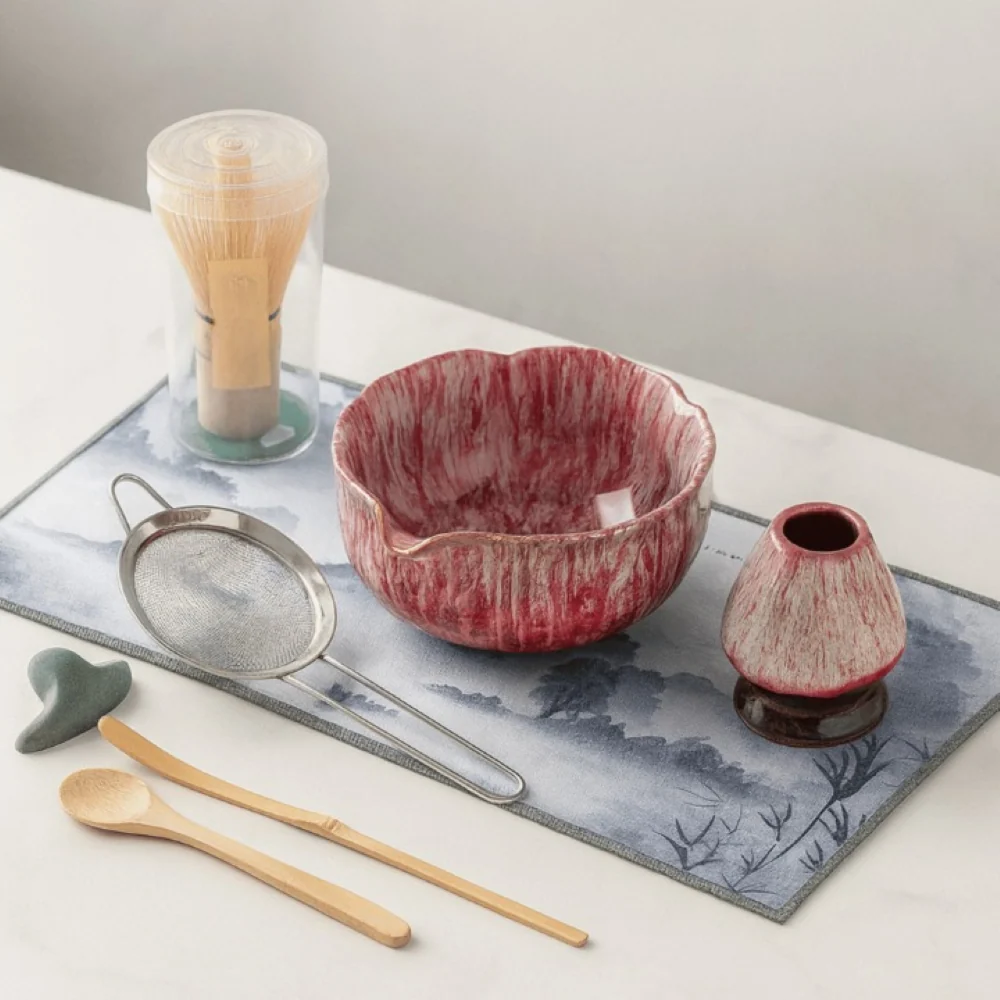 Artisan Matcha Place 8-delar – Handgjord Keramikskål (550ml), Bambusvisp & Sikt – Japanskt Teceremonigåvoset Glaserat