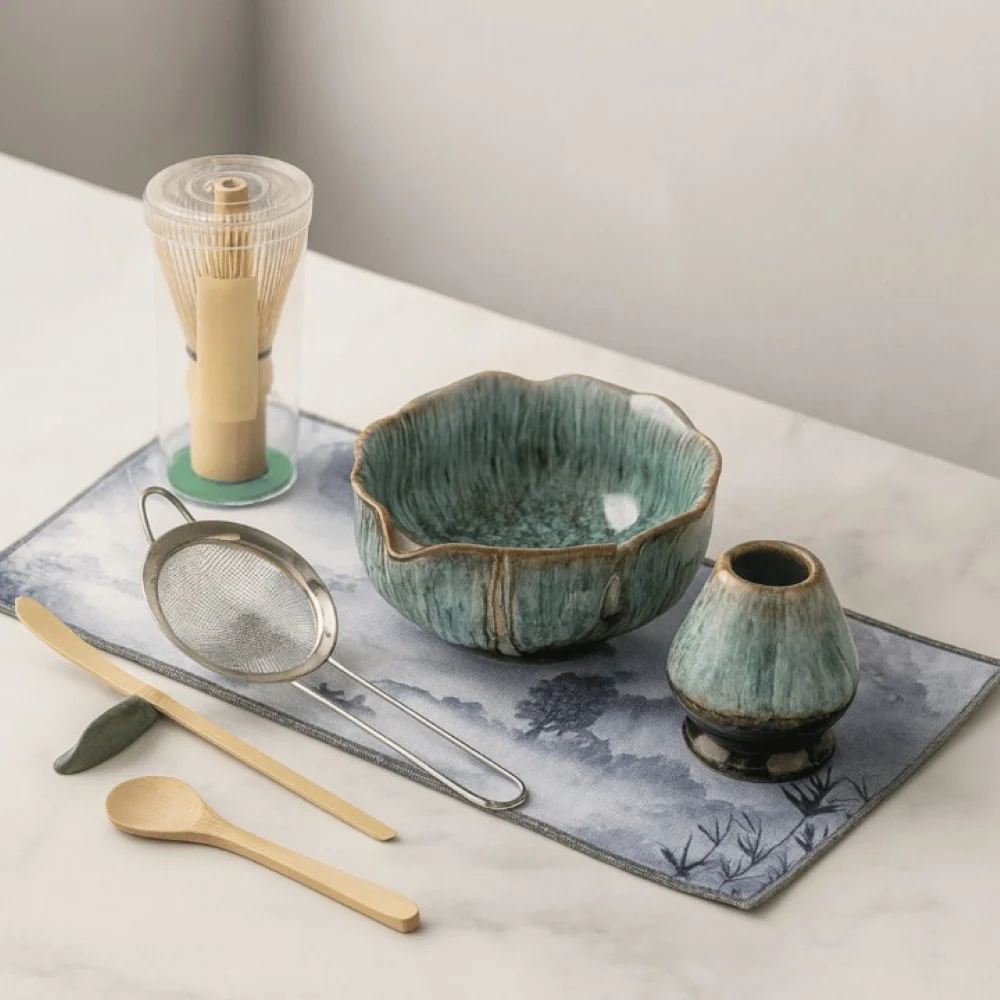 Artisan Matcha Place 8-delar – Handgjord Keramikskål (550ml), Bambusvisp & Sikt – Japanskt Teceremonigåvoset Glaserat