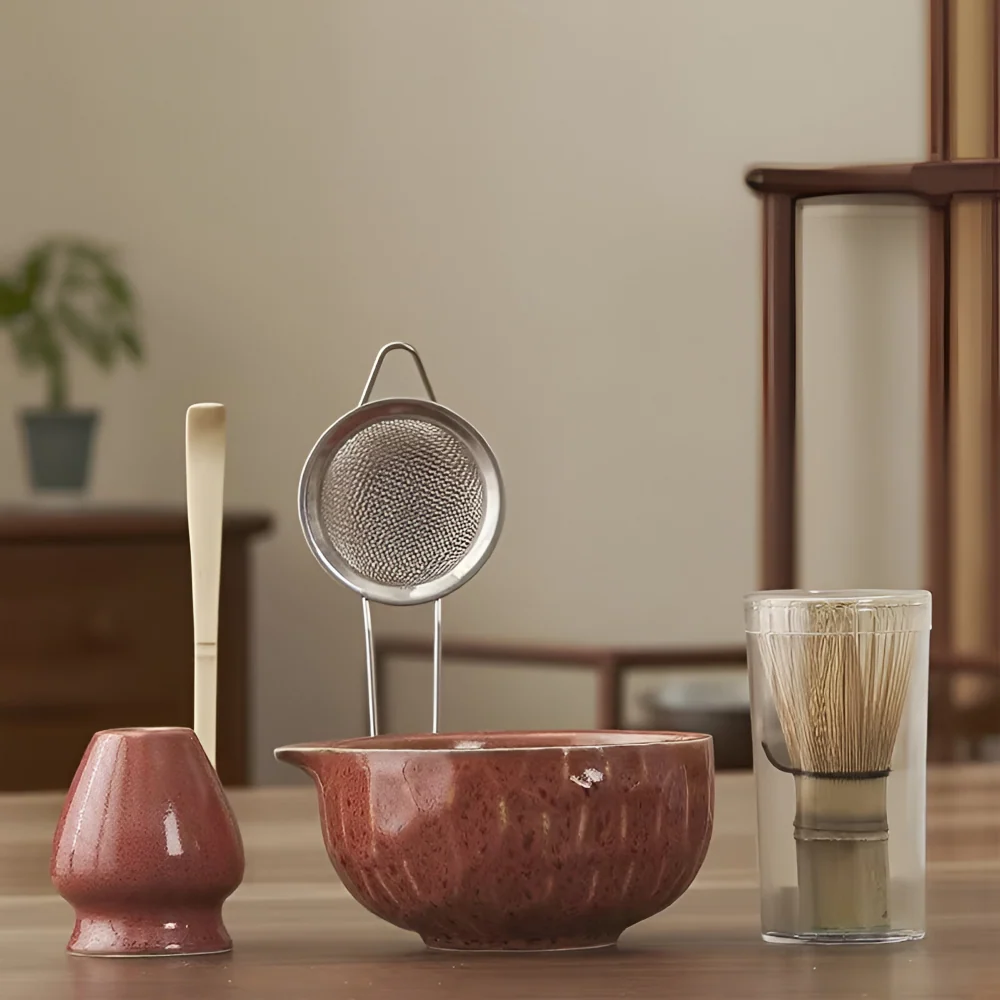 Autentiskt Japanskt Te Adjust för Matcha – 5-delat Tillbehör med Handgjord Keramikskål, Sil & Bambuske Jordig