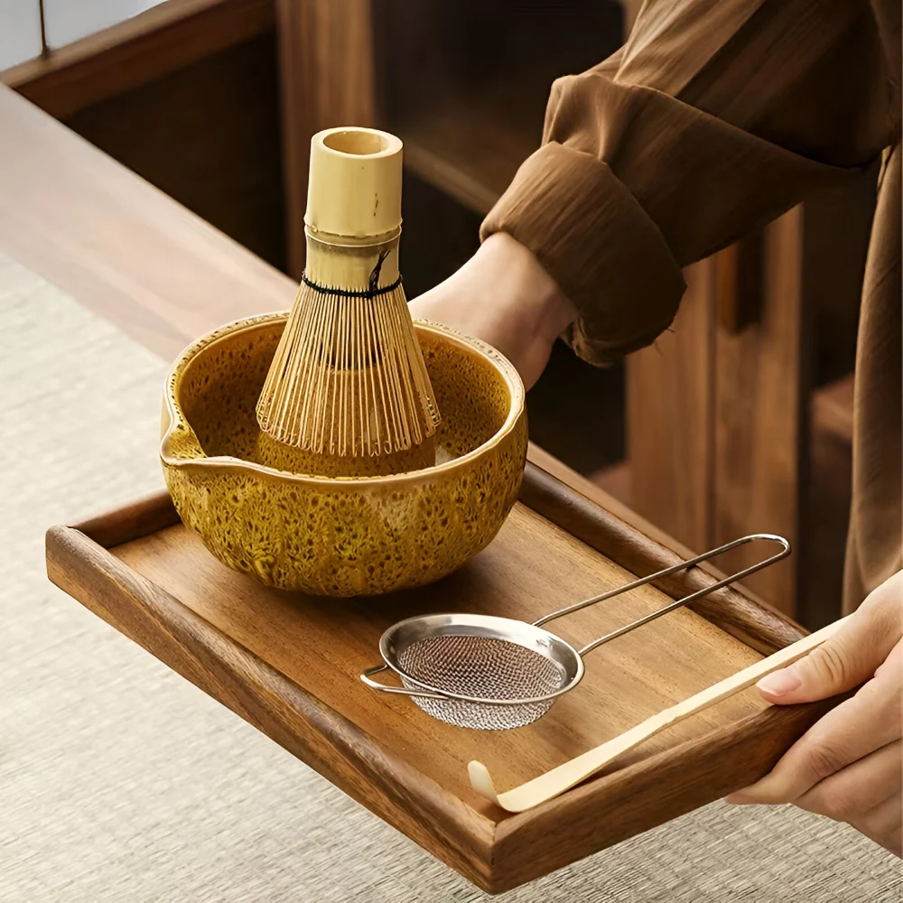 Autentiskt Japanskt Te Adjust för Matcha – 5-delat Tillbehör med Handgjord Keramikskål, Sil & Bambuske Jordig