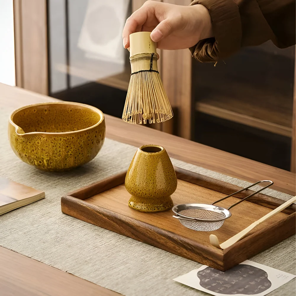 Autentiskt Japanskt Te Adjust för Matcha – 5-delat Tillbehör med Handgjord Keramikskål, Sil & Bambuske Jordig