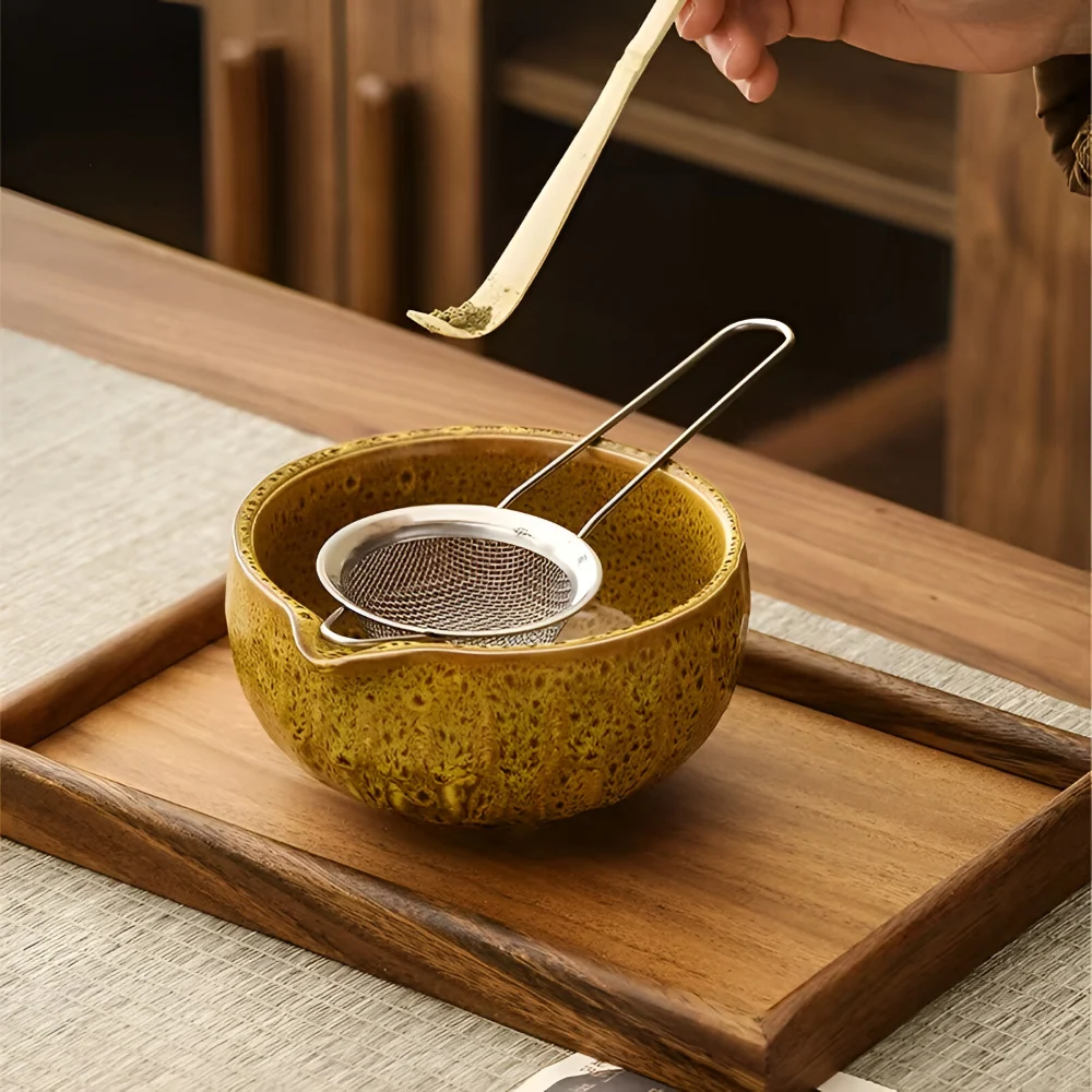 Autentiskt Japanskt Te Adjust för Matcha – 5-delat Tillbehör med Handgjord Keramikskål, Sil & Bambuske Jordig