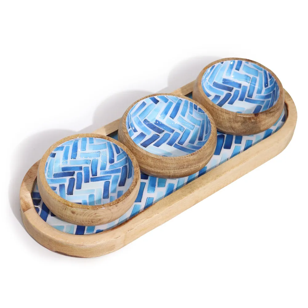 Mango Wood Tray 3 Bowls - Blue Stripes