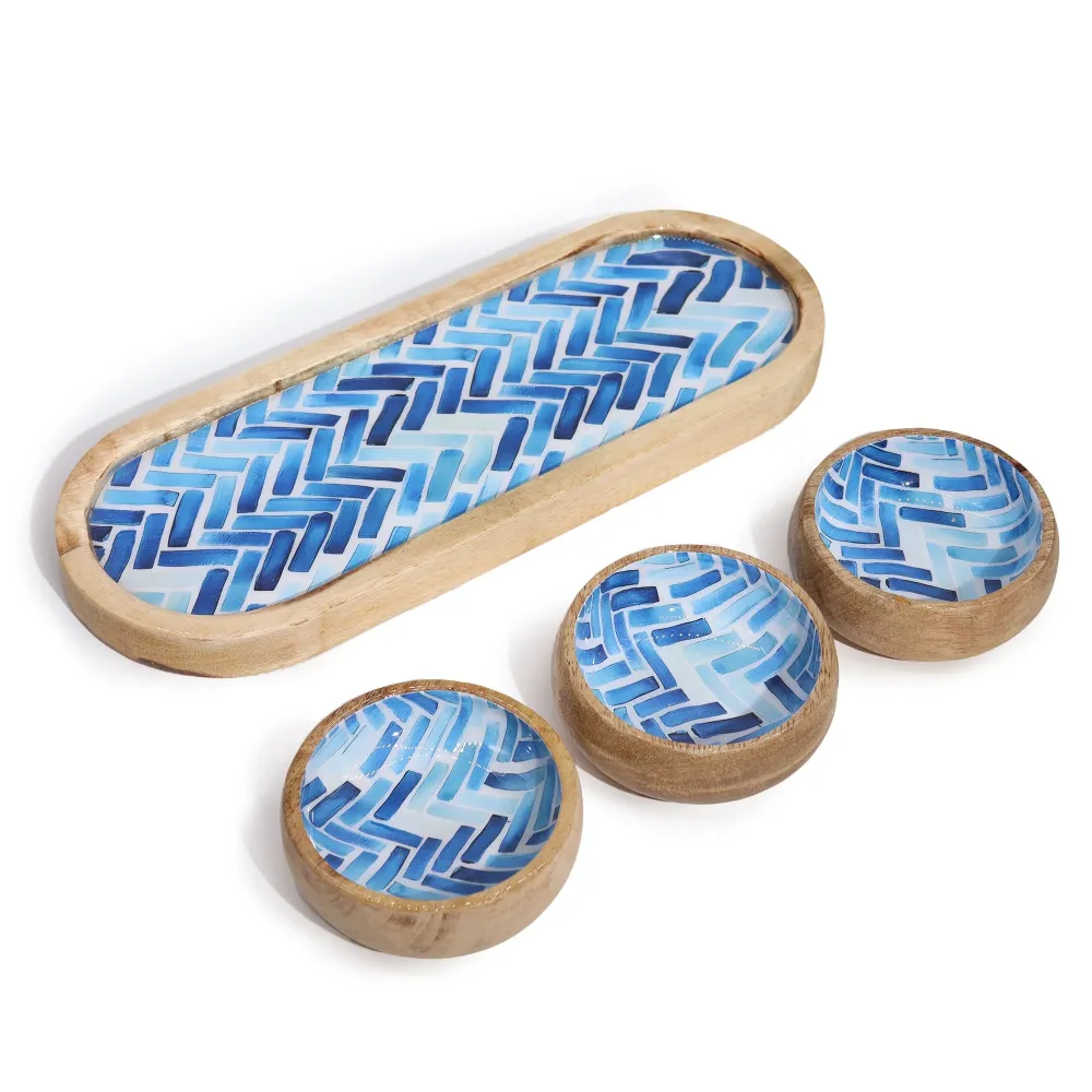 Mango Wood Tray 3 Bowls - Blue Stripes