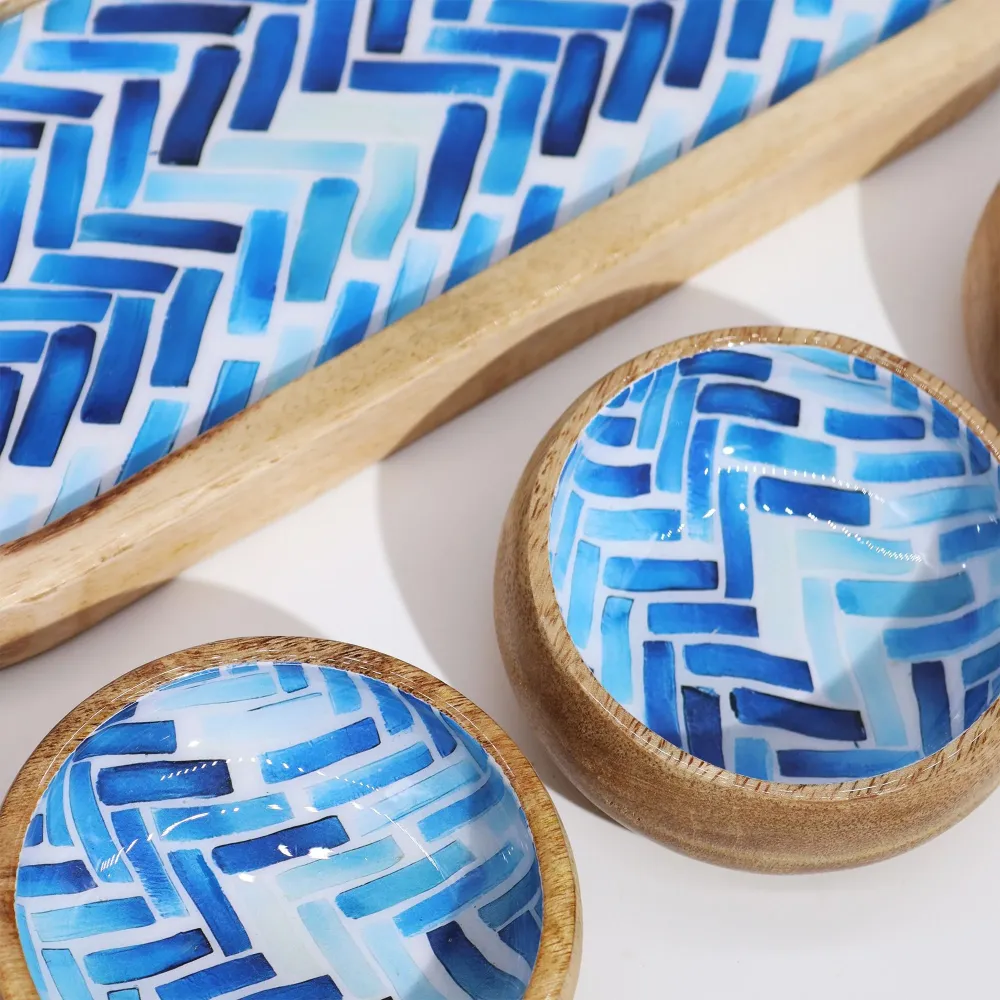 Mango Wood Tray 3 Bowls - Blue Stripes