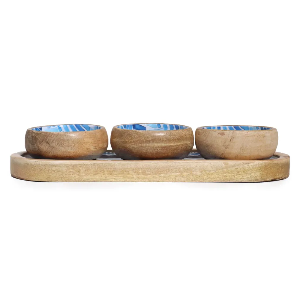 Mango Wood Tray 3 Bowls - Blue Stripes