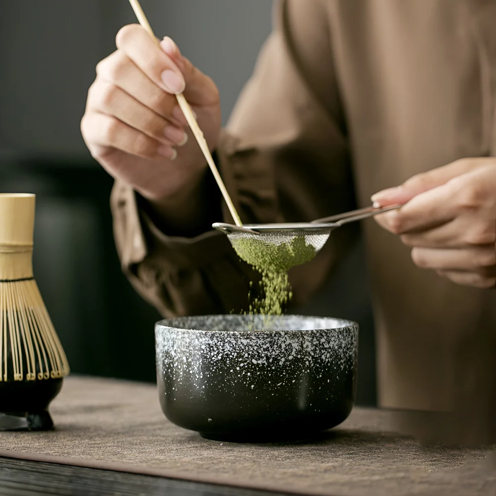Matcha-Set 4-delar – Skillfully made Keramikskål, Hållare, Bambusked (Chasen) & Bambusmatcha-sked (Chashaku) Antikt