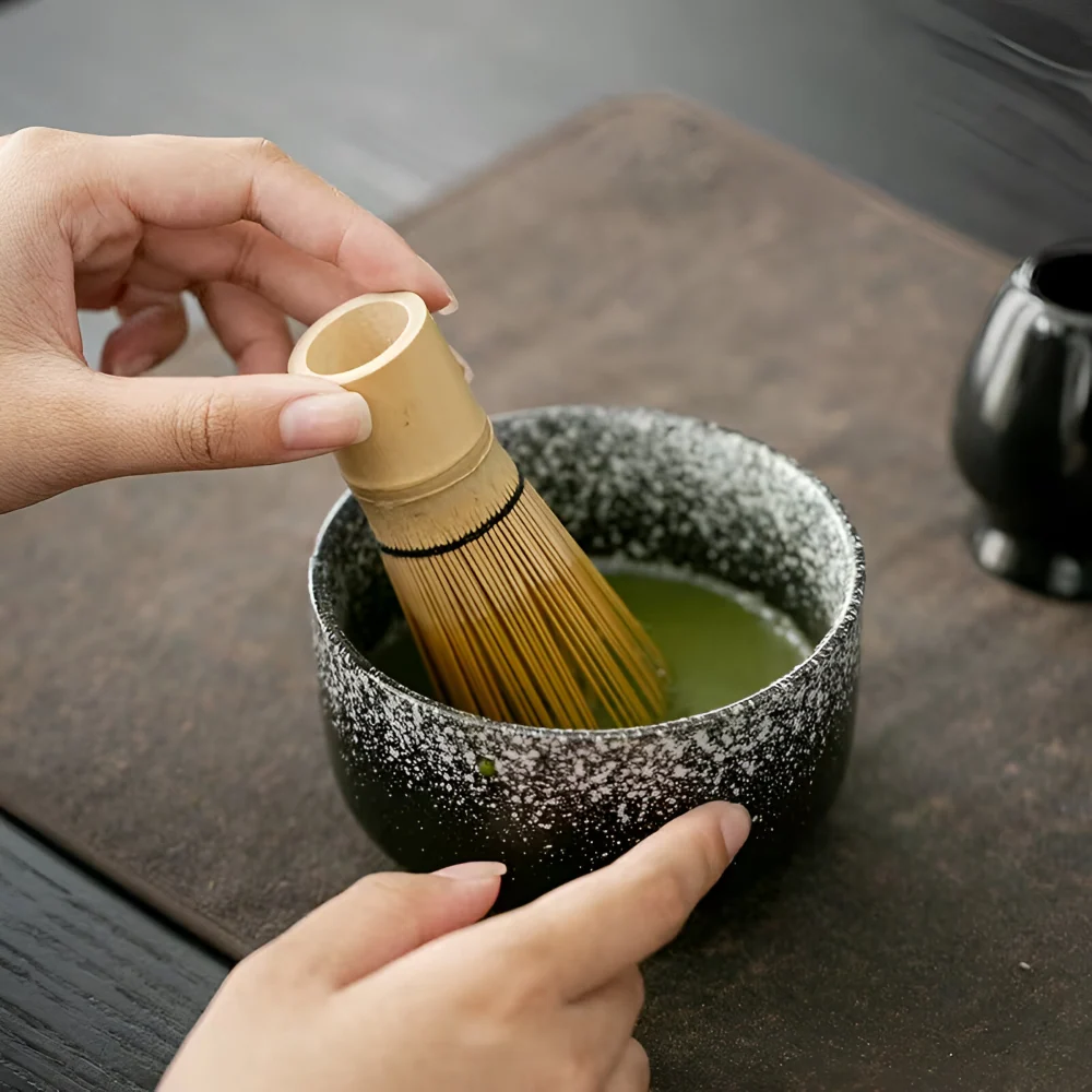 Matcha-Set 4-delar – Skillfully made Keramikskål, Hållare, Bambusked (Chasen) & Bambusmatcha-sked (Chashaku) Antikt