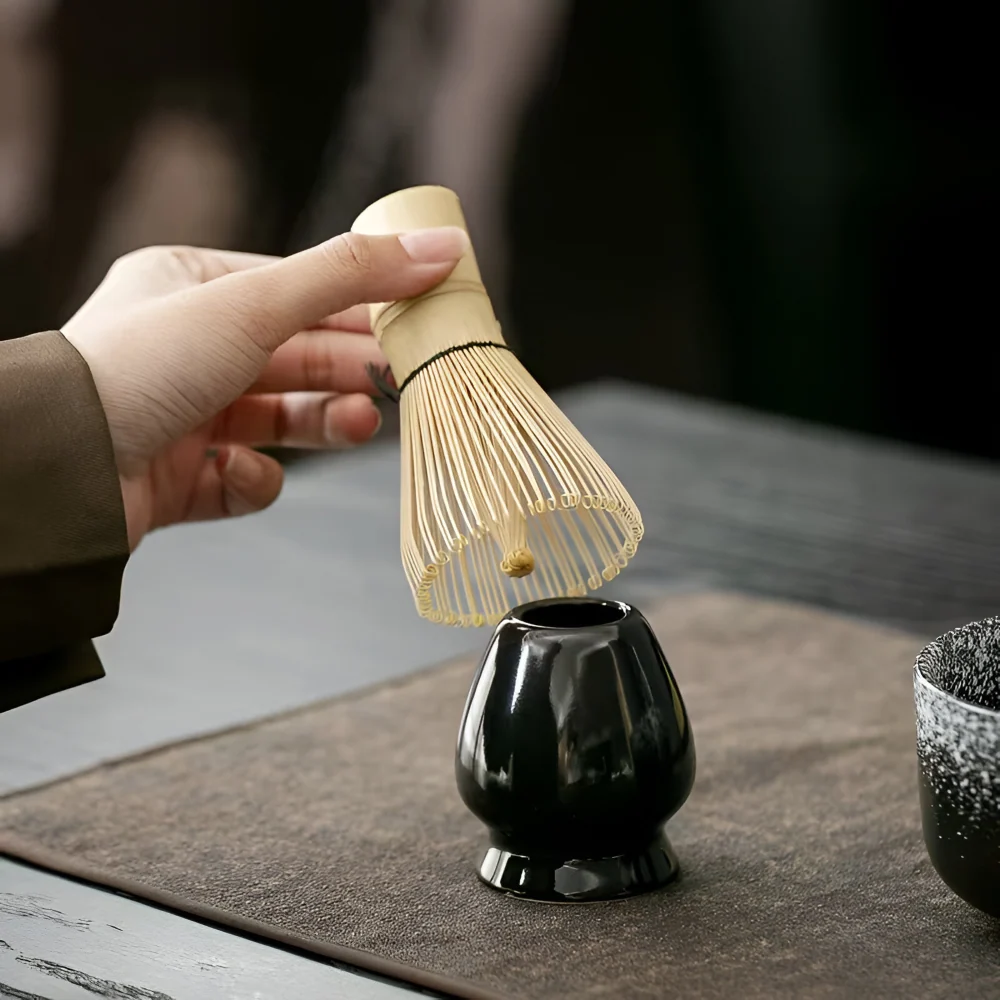 Matcha-Set 4-delar – Skillfully made Keramikskål, Hållare, Bambusked (Chasen) & Bambusmatcha-sked (Chashaku) Antikt