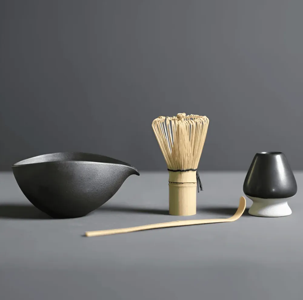 Matcha-set i keramik och bambu – 4 delar – japanskt te-set med tillbehör Svart
