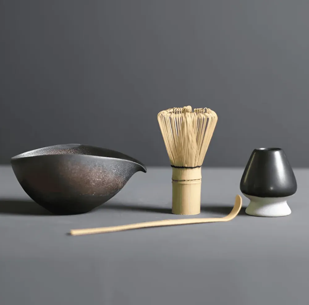 Matcha-set i keramik och bambu – 4 delar – japanskt te-set med tillbehör Svart