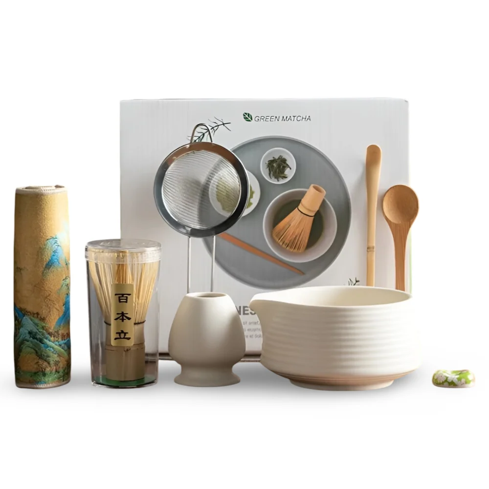 Premium Matcha Adjust Keramik & Bambus (8-delar) – Inkl. Skål, Visp, Sikt & Hållare 8