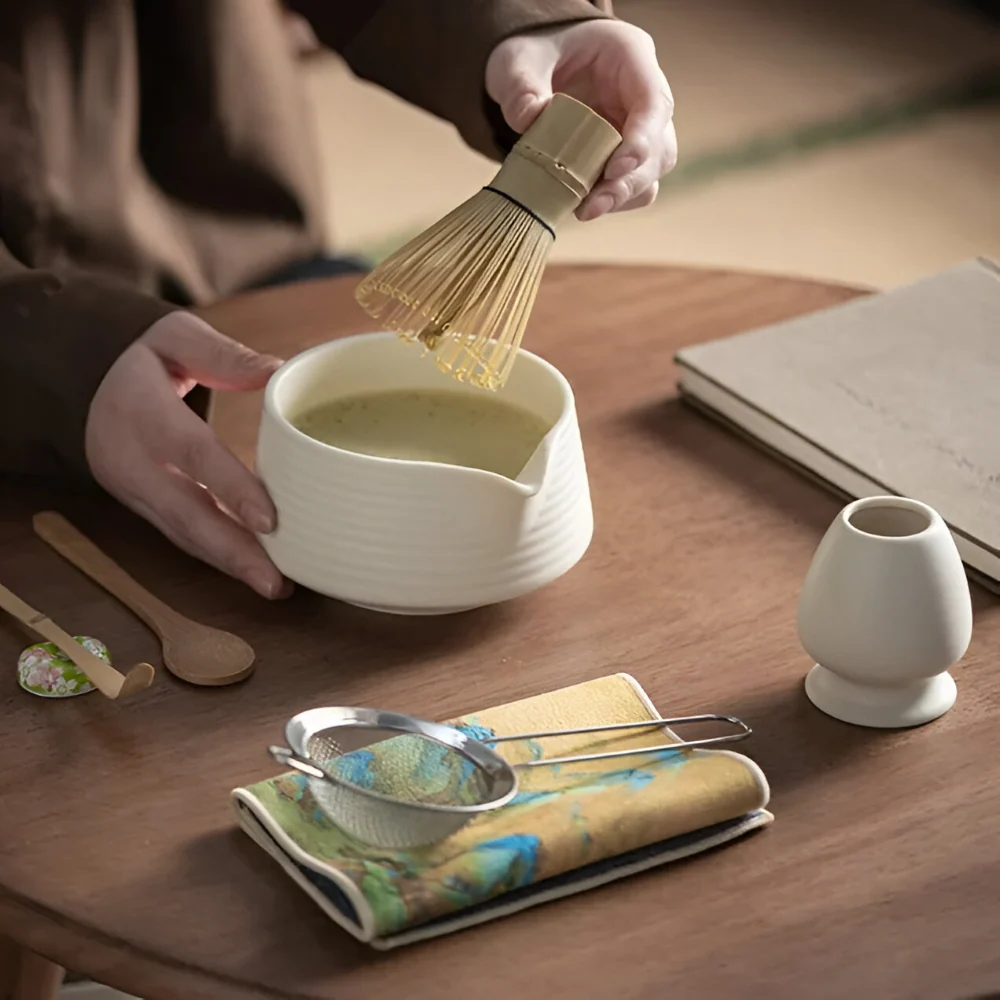 Premium Matcha Adjust Keramik & Bambus (8-delar) – Inkl. Skål, Visp, Sikt & Hållare 8