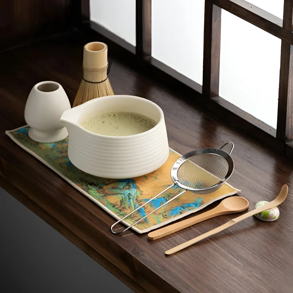 Premium Matcha Adjust Keramik & Bambus (8-delar) – Inkl. Skål, Visp, Sikt & Hållare 8