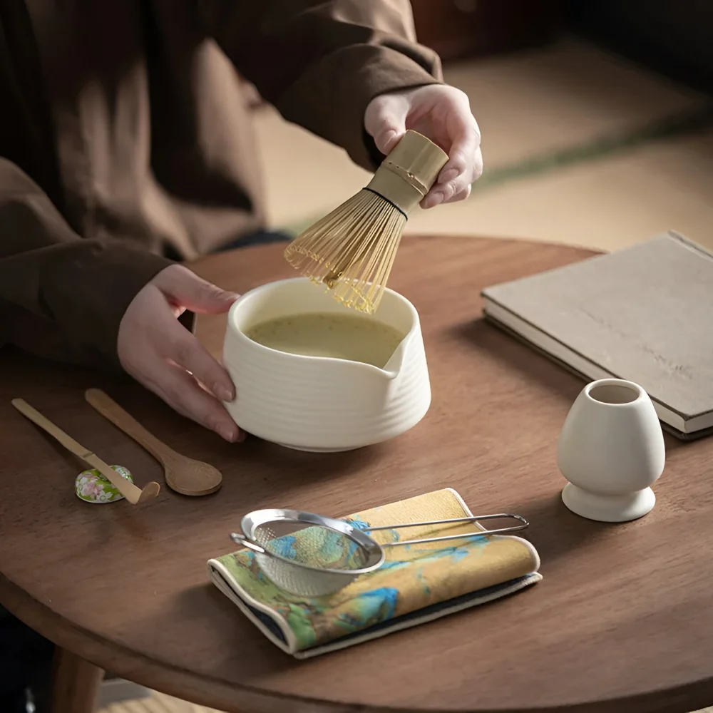 Premium Matcha Adjust Keramik & Bambus (8-delar) – Inkl. Skål, Visp, Sikt & Hållare 8
