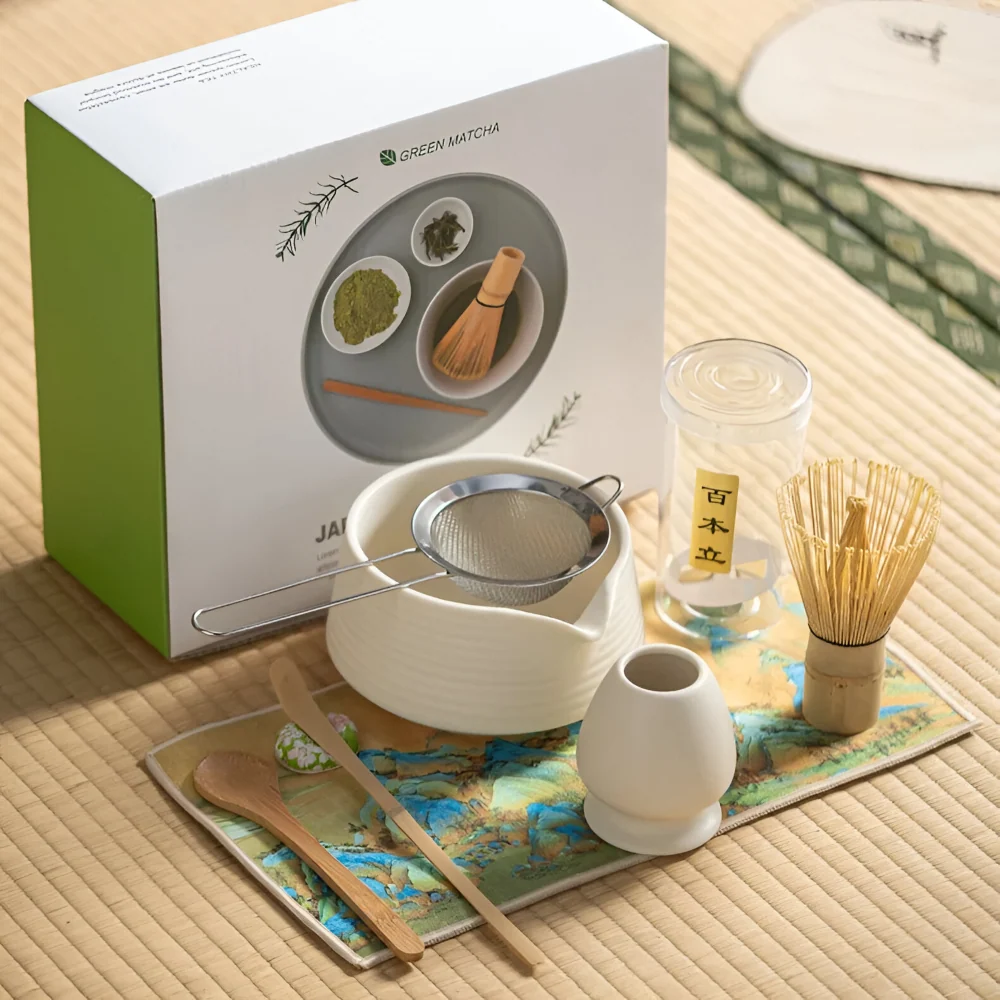 Premium Matcha Adjust Keramik & Bambus (8-delar) – Inkl. Skål, Visp, Sikt & Hållare 8