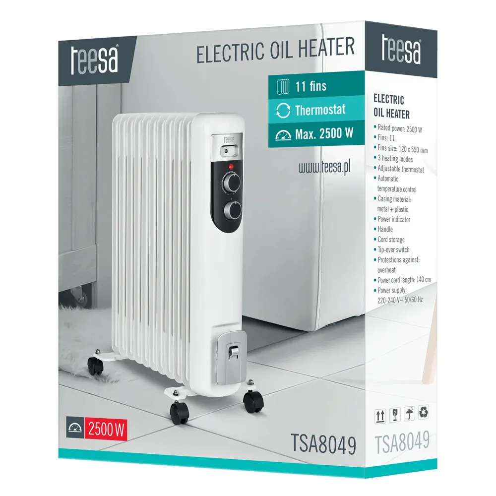 Teesa TSA8049 Elektrisk Oljevärmare 2500W (11 Fenor) Termostatisk Värmare 3 Värmeinställningar På 4x Hjul Snö