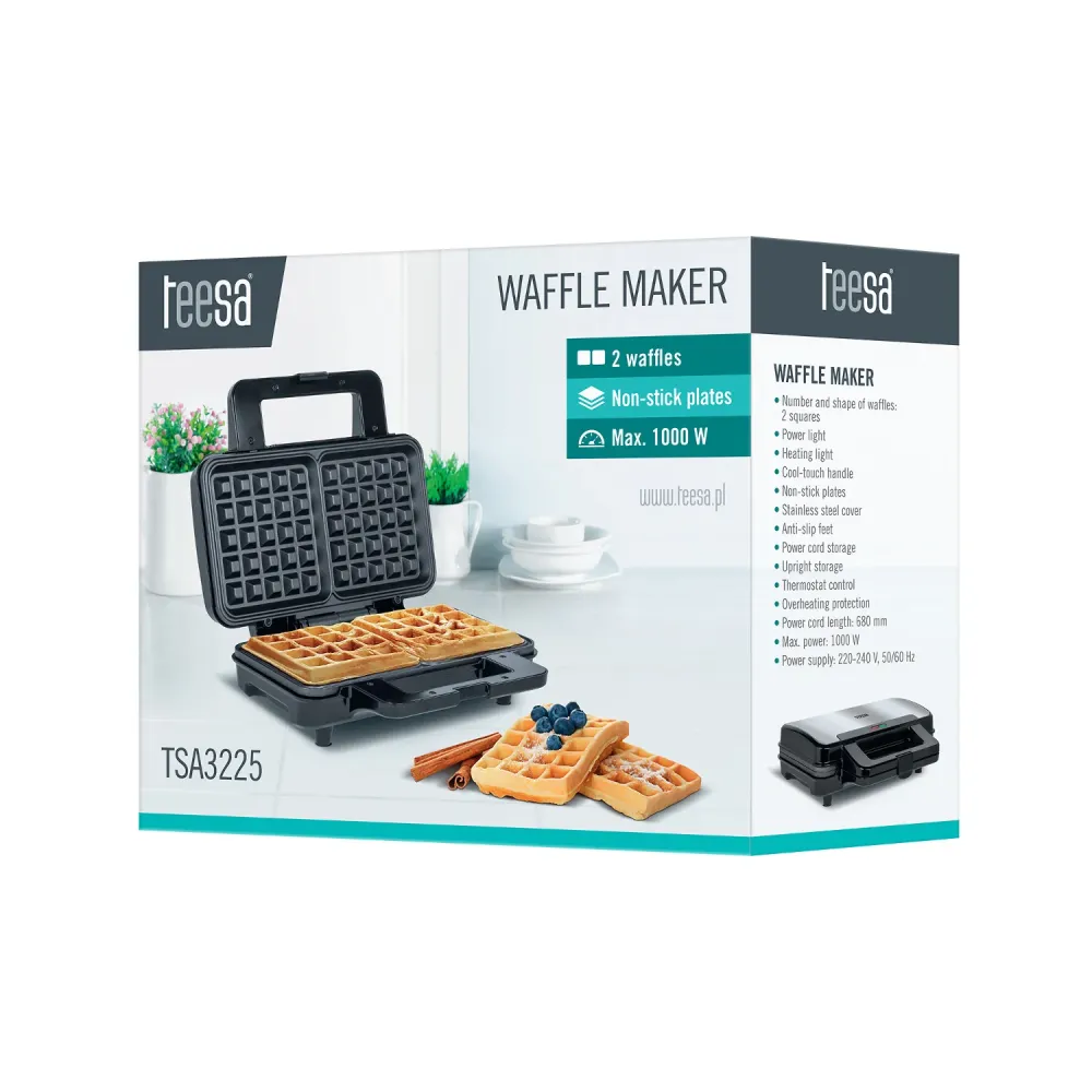 Teesa TSA3225 1000W Double Waffle Maker Teflonbeläggning Non Stick 2 våfflor Rostfritt Stållock 10 Speed Settings